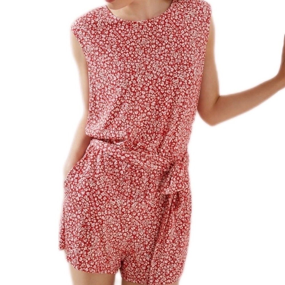 Red Floral Ditsy Open Back Sleeveless Romper S Summer Boho Chic Beach Resortwear